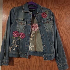 Embroidered Blue Denim Jacket with Pink Rose Accents